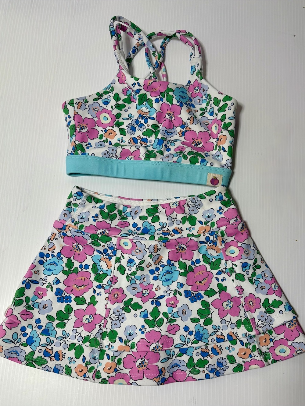 cheeky plum White Floral Crop Top & Skirt Set with Pink and Blue Flowers